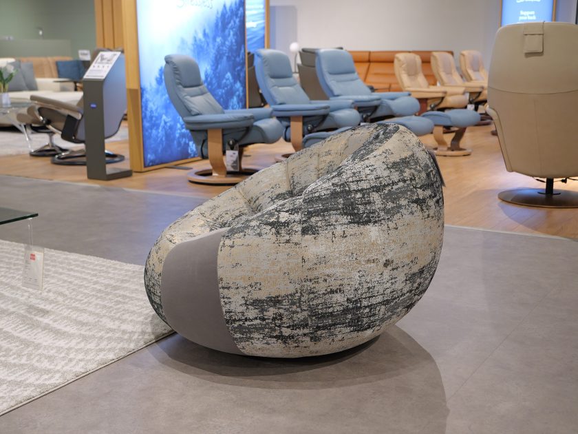 Lazar Le Pouf chair in Cherish Charcoal and Reserve Slate