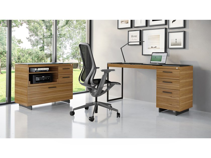 Sequel 6112 Return, 6114 3-Drawer File, and 6117 Multifunction Cabinet in Natural Walnut with Black Metal